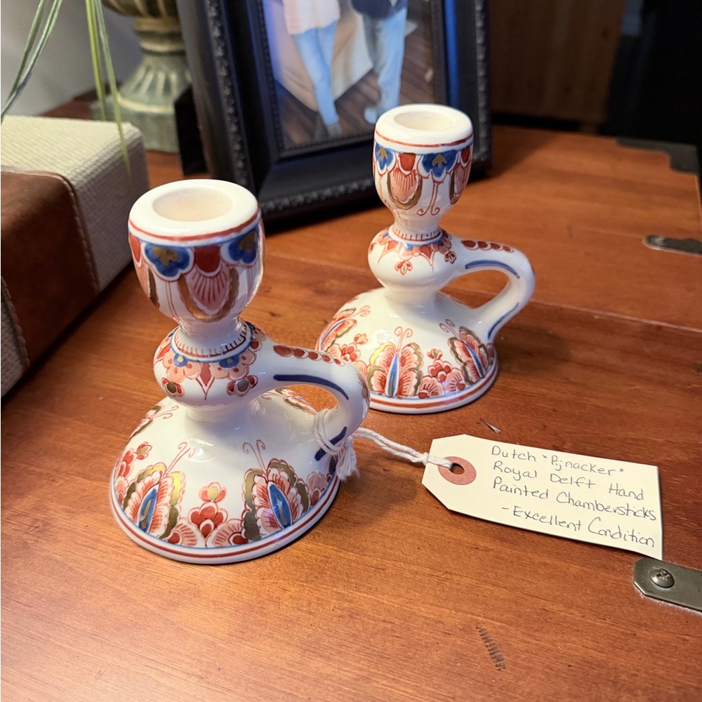 Vintage 1958 Royal Delft Pijnacker Hand-Painted Chambersticks